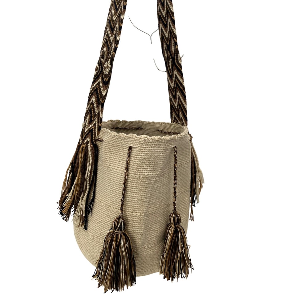 Unbranded Wayuu Mochila Shoulder Bag Women Large Beige Brown Woven Boho Tassels